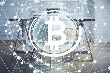 Double exposure of crypto technology theme drawing and office interior background. Concept of blockchain.