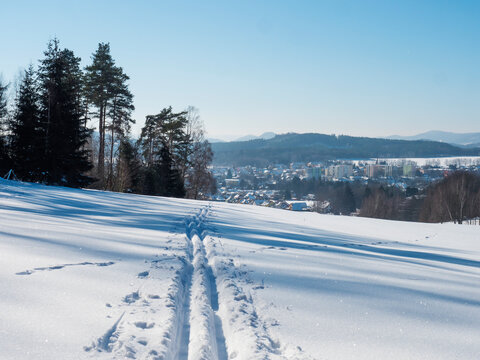Winter landscape with view of village town Cvikov and ski run trail on snow-covered fields and snowy frozen forest and trees on sunny day, blue sky background