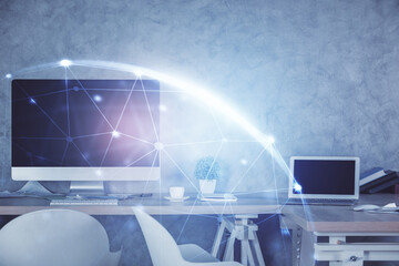 Double exposure of social network theme drawing and office interior background. Concept of web.