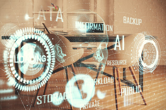 Multi exposure of data theme drawing and office interior background. Concept of technology.