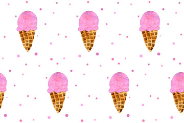 Seamless pattern with pink strawberry ice cream cone on white board. Trendy watercolor hand drawn design for wrapping paper, textile, packaging. Hand drawn print. Sweet summer dessert