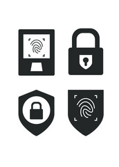 Digital security icon set. Biometric fingerprint scanner, padlock and shield. Access control verification and encryption concept. Black vector web icons.