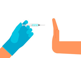 Refusal of medical vaccination. Hand hold syringe with vaccine and hand answer against. Anti-vaccination protest. Stop medical injection and refuse vaccine medication. Vector illustration