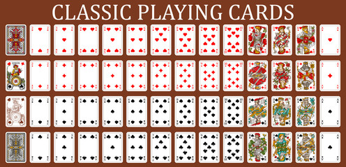 New Franzosische Spielkarte playing cards, simplified version. Poker set with isolated cards. Poker playing cards, full deck.