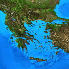 Physical map of Greece. Detailed flat view of the Planet Earth and its landforms. 3D illustration - Elements of this image furnished by NASA - obrazy, fototapety, plakaty