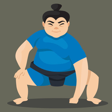 Female sumo wrestler in attacking position. Japan character in cartoon style.