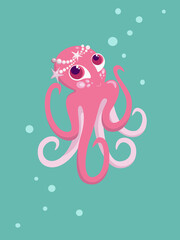 Cute pink octopus, vector illustration, sea character for children's posters in the interior, design of printed products, postcards, calendars, print on fabric . 