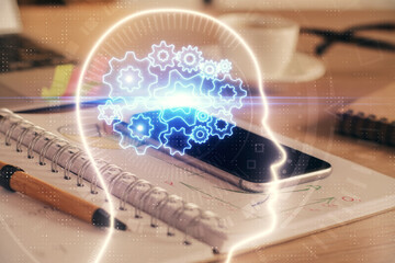 Double exposure of brain theme drawing and cell phone background. Concept of information