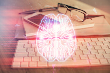 Double exposure of brain theme drawing and cell phone background. Concept of information