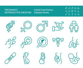 Set of line icons of reproductive medicine, pregnancy. Editable vector stroke. 64x64 Pixel Perfect.
