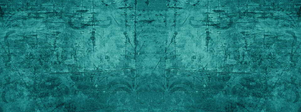 Old turquoise green vintage worn shabby patchwork motif tiles stone concrete cement wall texture background banner