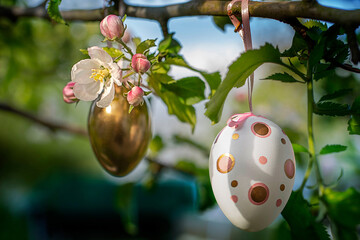 Easter decoration eggs in the garden outdoor