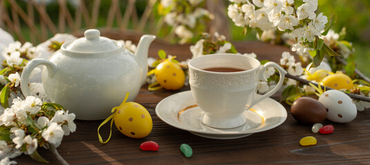 Still life Easter brunch in the garden outdoors