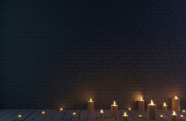 Dark blue brick wall background and candles