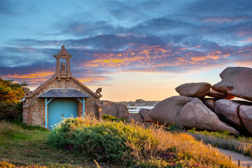 Chapel near Ploumanach at sunset in Perros-Guirec, Côtes d'Armor scenic landscape, Brittany, France