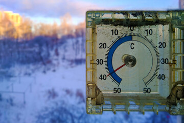 The old thermometer reads -40 degrees Celsius outside the window