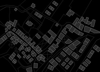 Imaginary cadastral map of territory with buildings, roads and land parcel - concept illustration on black background