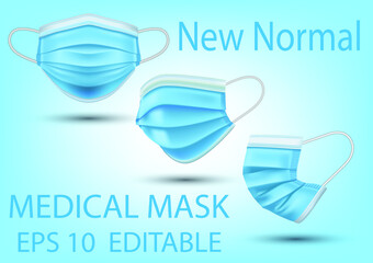 Surgical cotton mask, Blue medical protective mask from different angles isolated, Coronavirus protective mask, vector illustration, 3 masks, New normal