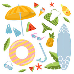 vector illustration on the theme of summer, beach and recreation. Set of images on a white background, isolated