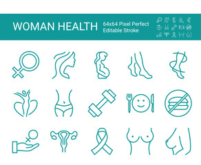 Set of line icons of woman health, gynecology. Editable vector stroke. 64x64 Pixel Perfect.