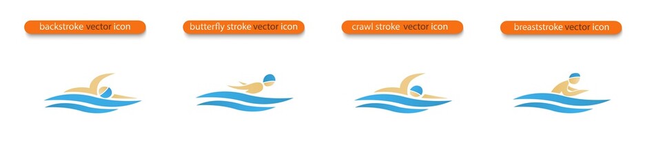 Set of Vector symbols depicting butterfly stroke, front crawl stroke, backstroke and breaststroke swimmers. Swimming pool icons. Sports activity in water sign. Isolated in white background. - obrazy, fototapety, plakaty