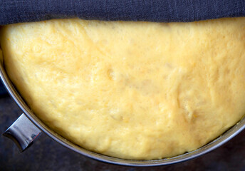 Yeast dough raw in a bowl on a dark background. Homemade raw yeast dough