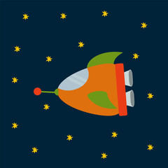 A rocket in the solar system. Vector space transport. Bright Shuttle, Rocket, Satellite for fashionable children's clothing. Vector illustration