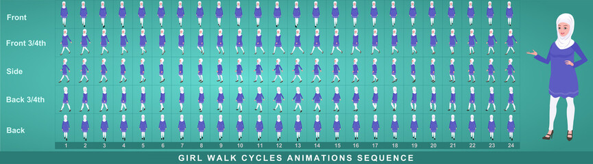 Girl Character Front Walk Cycle Animation Sequence.  Frame by frame animation sprite sheet of  woman walk cycle.