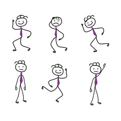 stick man in different walking, running and standing poses with different emotions isolated on white background