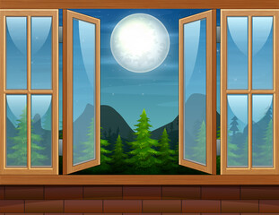 Open window with nature landscape at night