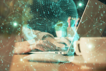 Double exposure of woman hands working on computer and brain hologram drawing. Ai concept.