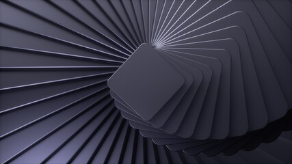 3d render, abstract black geometric background, minimal frame, deck of square blank cards with rounded corners