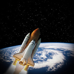 Naklejka premium Rocket and earth. Galaxy and stars. The elements of this image furnished by NASA.