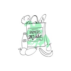 Lettering Farmers Market - A bag of vegetables, fruits and bread. Black and white hand drawn vector illustration for poster or banner. Organic food
