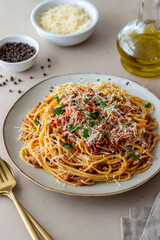 Italian pasta spaghetti bolognese. National cuisine. Recipe. Italian food.