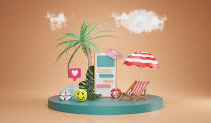 Summer season and delivery online. Beach elements with smartphone. vacation concept, 3d rendering
