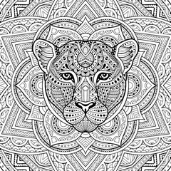 Patterned leopard, puma, panther, cat head in the zentangle style of a white background passing. Tribal ornament painted by hand. Series ethnic animals. African, Indian. Mandala. Ornament.  Vector