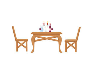 Romantic dinner concept with wine and wine glass wooden luxury royal table and chairs vector illustration on white background