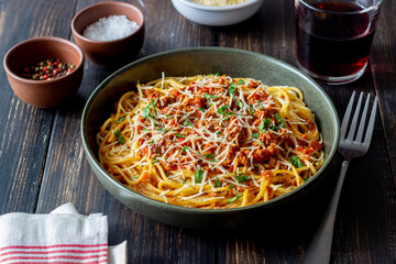 Italian pasta spaghetti bolognese. National cuisine. Recipe. Italian food.