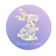 Vector easter card with bunny and rabbit, flowers, birds on ombre background. Happy Easter greeting card