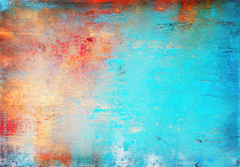 Poster artistic rendering of plaster background surface with abstract paint job in blue and orange colors.