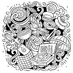 Picnic cartoon doodle illustration. Funny design.