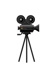 Black color movie camera on tripod with film reel vector illustration isolated on white background