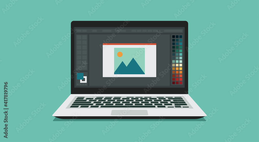 Fototapete photo or graphic on laptop computer screen with design or image editing software or program of designer, vector flat illustration