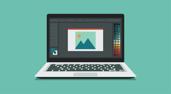 Photo Or Graphic On Laptop Computer Screen With Design Or Image Editing Software Or Program Of Designer, Vector Flat Illustration