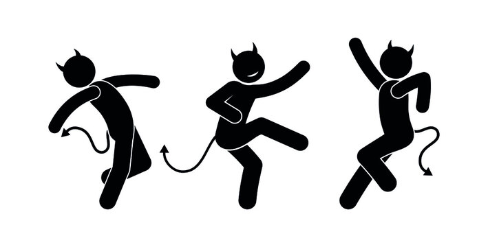 dancing devils illustration, stick figure dancers isolated icons, funny comic images of demons