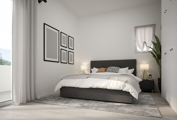 Minimalist Interior of modern bed room 3D rendering