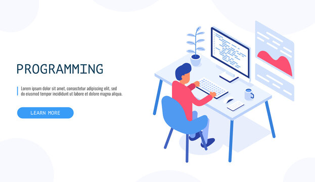 Programmer at work. Man working on desktop computer. Programming concept. Isometric web banner, infographics. Vector.