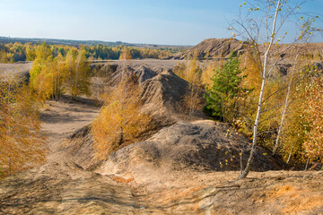 Konduki, Tula region, Romancevskie mountains, Abandoned Ushakov quarries. The mud erosion of the soil looks like mountains. The area is overgrown with young birches. Beautiful natural landscape