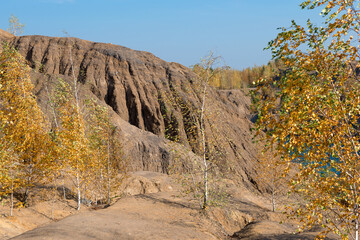 Konduki, Tula region, Romancevskie mountains, Abandoned Ushakov quarries. The mud erosion of the soil looks like mountains. The area is overgrown with young birches. Beautiful natural landscape